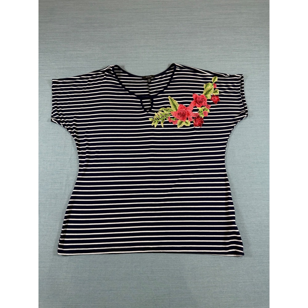 Espresso Womens 2X Navy Blue White Striped Floral Rose Embroidered Top PT13861
